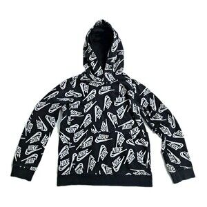 Nike Boys Medium All Over Print Logo Black White Hoodie Sweatshirt Sportswear